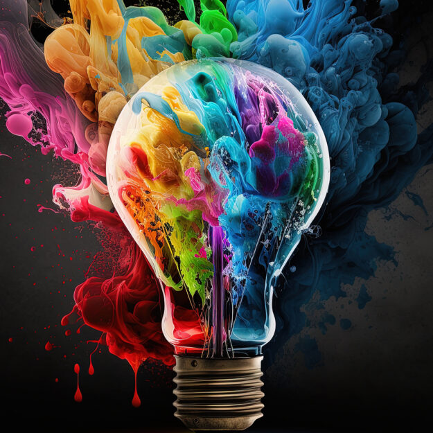 illustration of colorful bulb with splash of colors on black background. Creativity, eureka, imagination, inspiration. Generative AI. Idea and solution concept