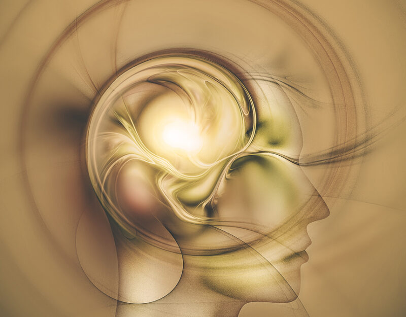 head silhouette with a fractal brain, concept image creative thinking, concept design ideas, concept of imagination and mental development.